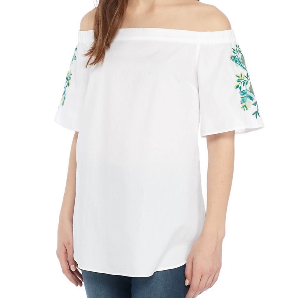 White off Shoulder Embroidered Sleeve Top